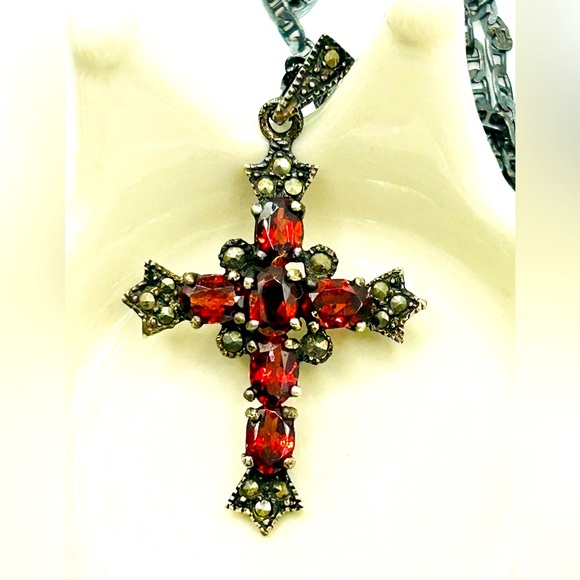Vintage Sterling Silver Marcasite & Garnet Gemstone Celtic Cross Necklace Goth